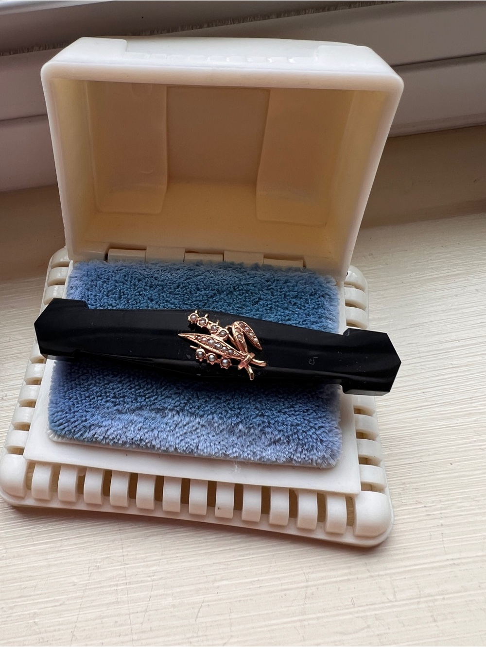 Antique Victorian 14k  Gold Black Onyx & Seed Pearl Mourning Bar Pin Brooch